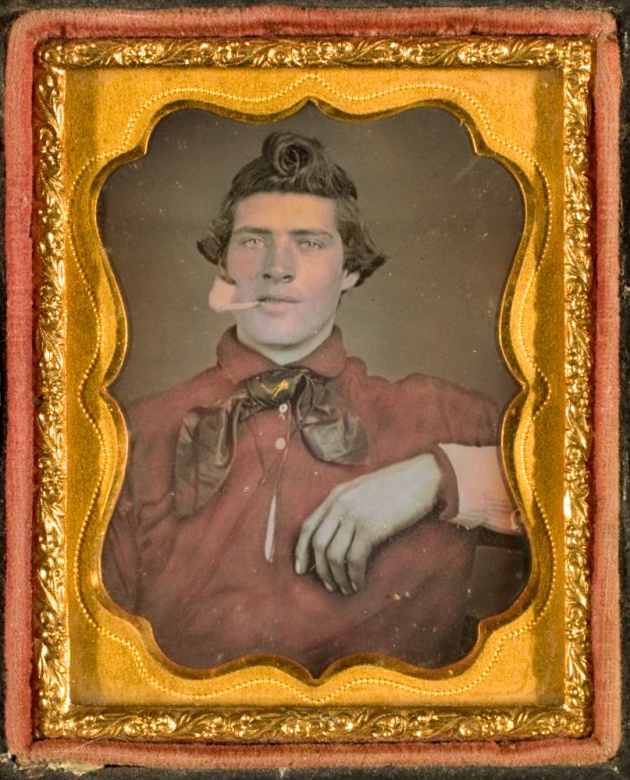 Portrait of young man in red shirt, smoking a clay pipe, ca. 1850